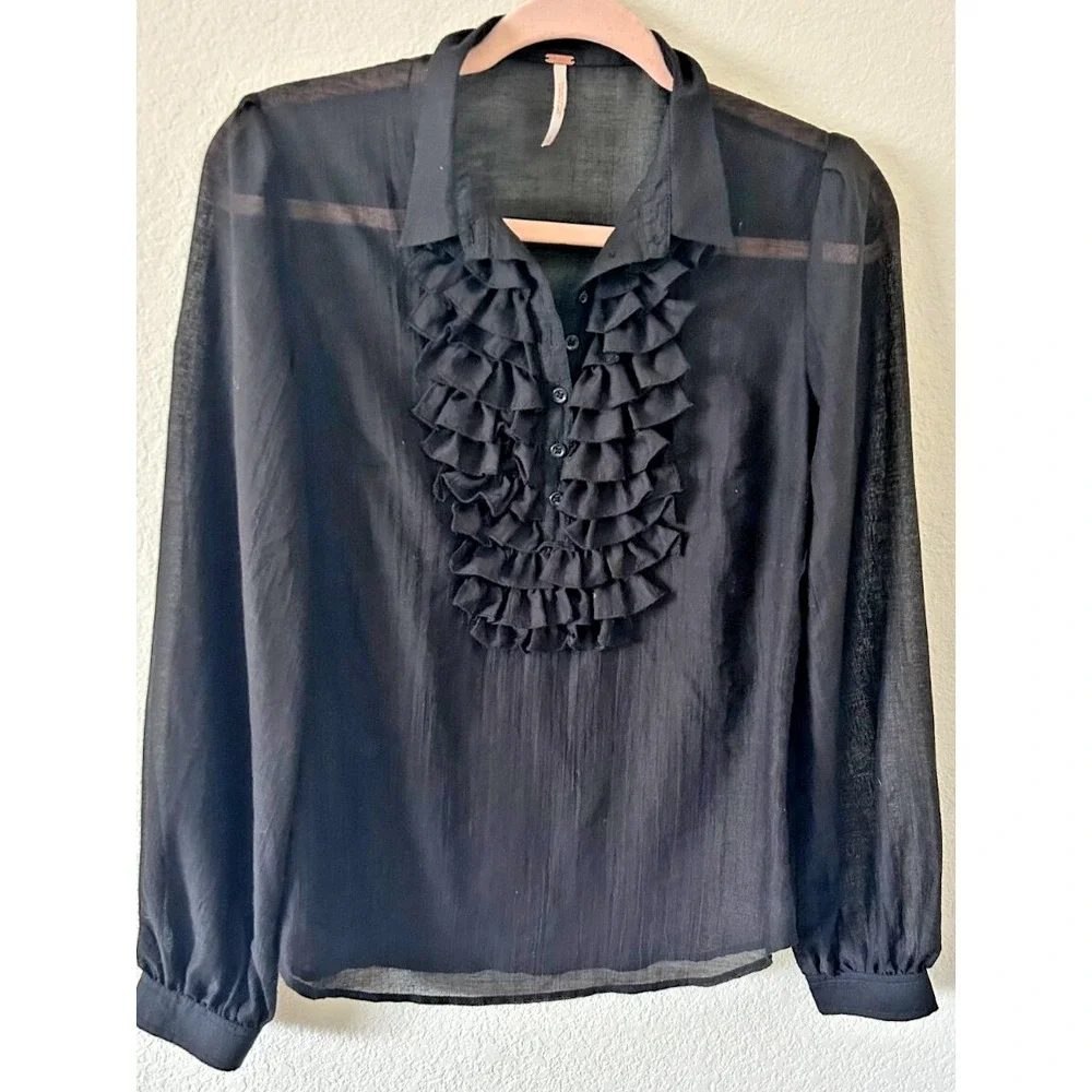 Free People Whimsgoth Grunge Festival Black Ruffle Front Sheer Popover Top SZ S
